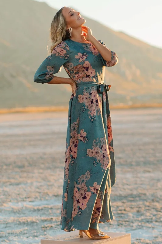 Paula Satin Maxi Dress | Blue + Pink Multi Cozy Ruffle Sleeve Maxi Dress