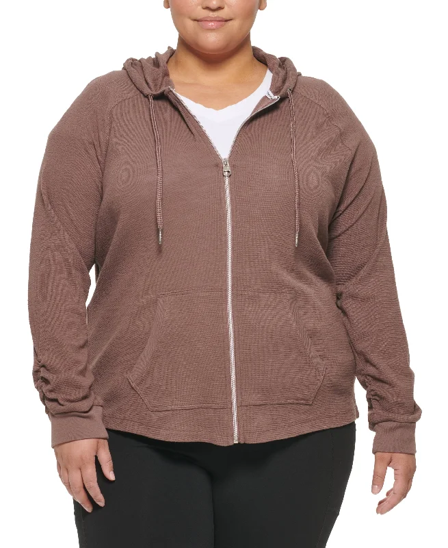 Plus Size Ruched-Sleeve Zip Hoodie Hoodie with Emblem Brand Identity