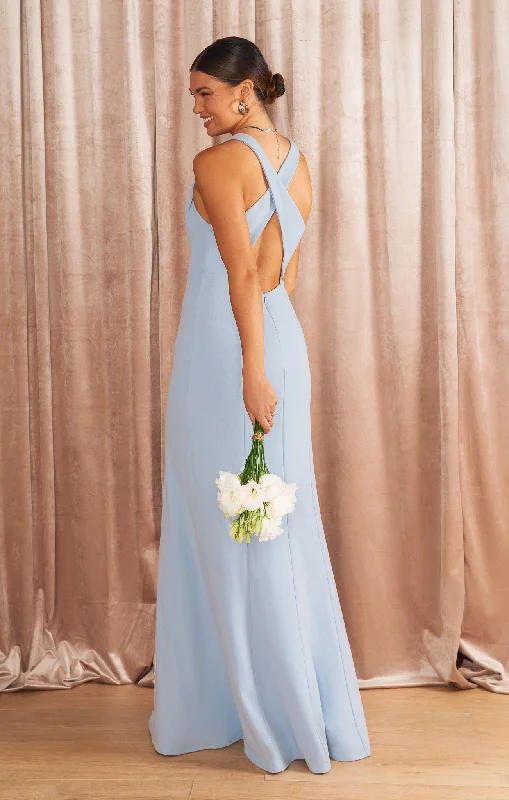 Rachel Maxi Dress ~ Steel Blue Stretch Trendy Fit-and-Flare Maxi Dress