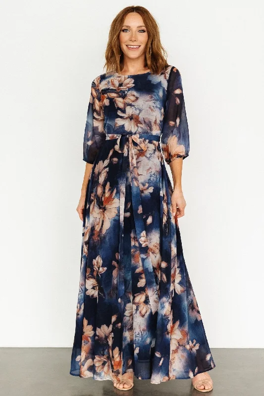 Rebecca Maxi Dress | Dark Blue Floral Cozy Maxi Dress with Slit