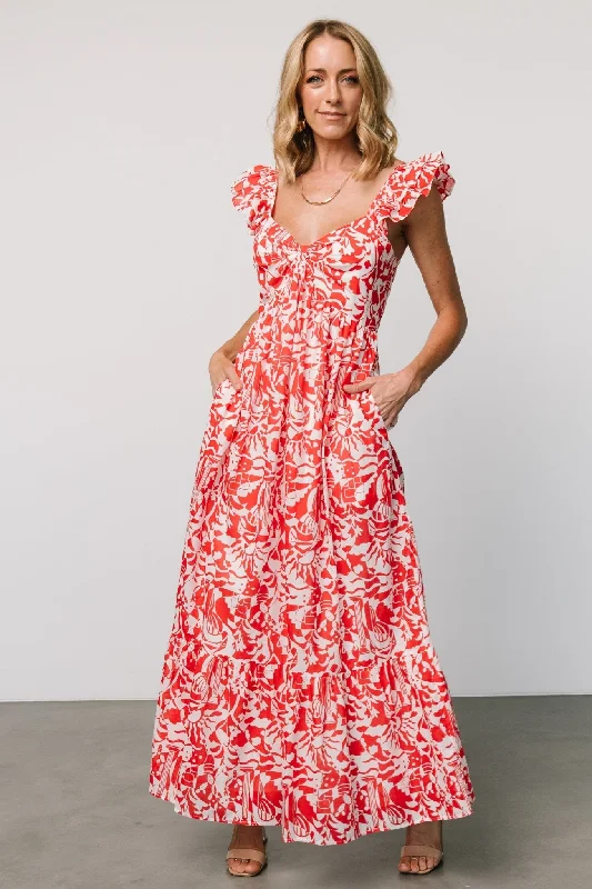 Renee Maxi Dress | White + Red Stylish Button-Up Maxi Dress