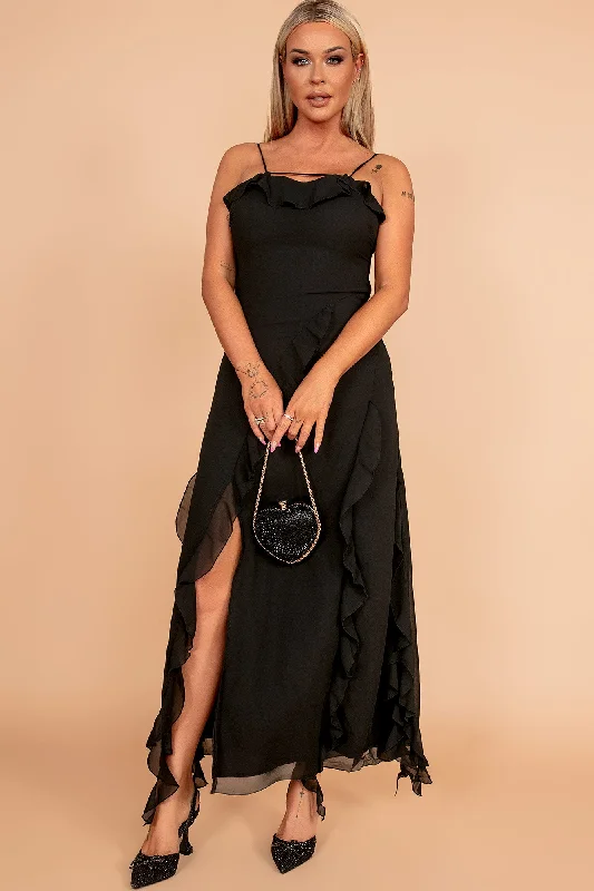 Rochel Black Chiffon Frill Maxi Dress Comfortable Maxi Dress with Belt