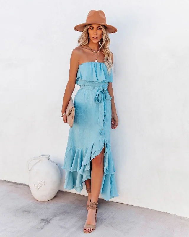 Rosemont Cotton Linen Strapless High Low Maxi Dress - Blue Chic Off-Shoulder Maxi Dress