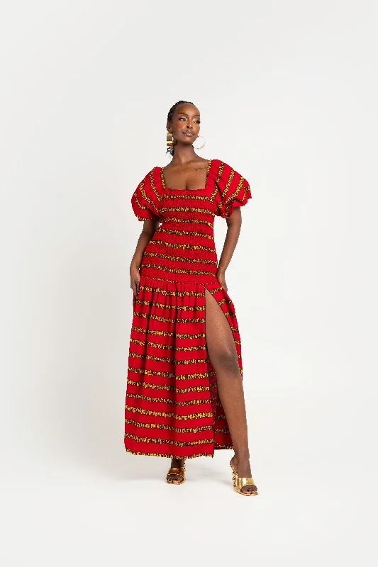 RUWE African print smocked body maxi dress Elegant Maxi Dress with Belt