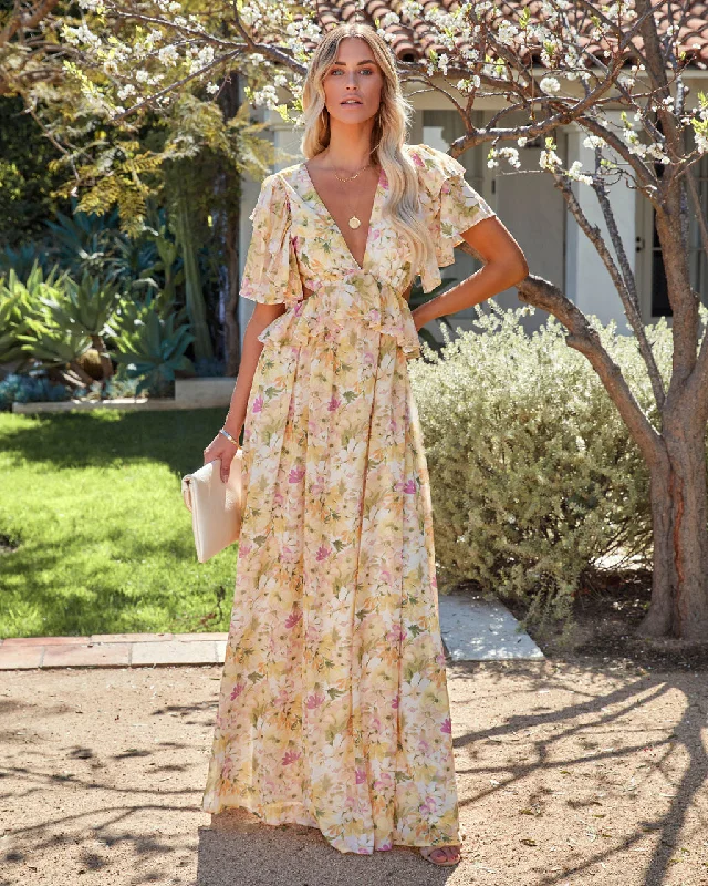 KittenAlarm - Sanae Floral Ruffle Cutout Maxi Dress - Pale Yellow Cozy Wrap Maxi Dress