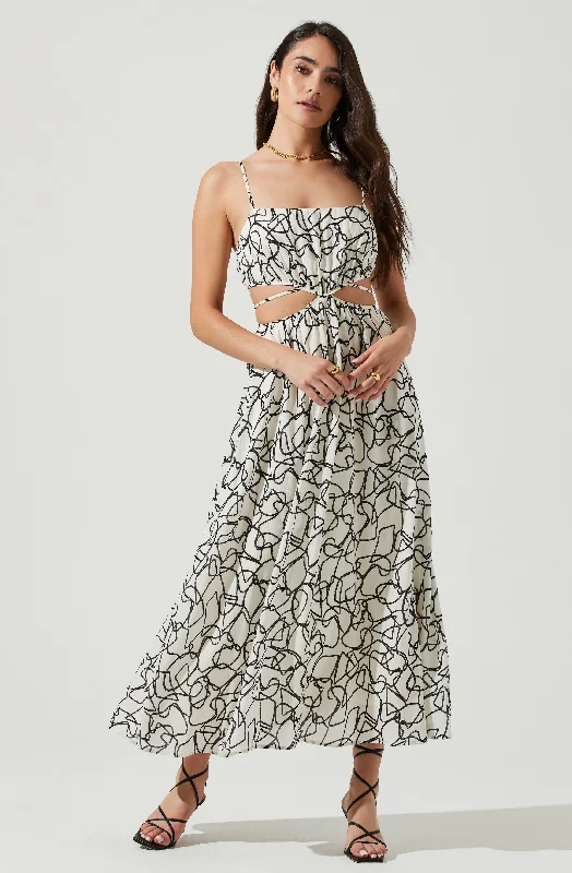 Sanger Abstract Print Cutout Maxi Dress Cozy Ruffle Sleeve Maxi Dress