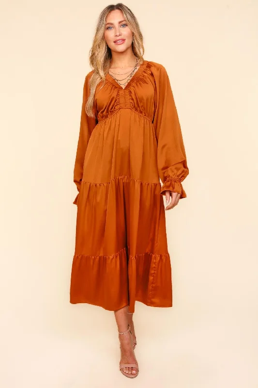 Satin Babydoll Maxi Dress - Rust Comfortable Maxi Dress with Belt