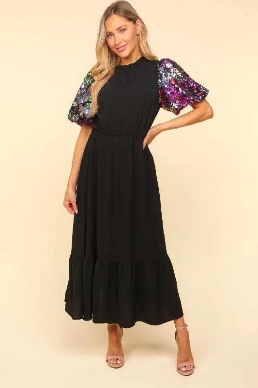 Sequin Puff Sleeve Maxi Dress - Black Cozy Ribbed Maxi Dress