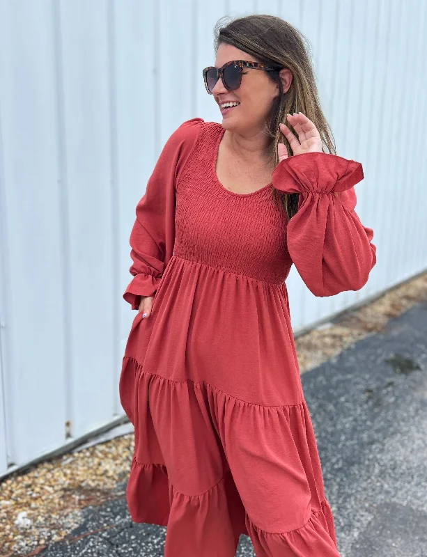 Smocking Woven Bubble Sleeve Maxi Dress - Marsala Cozy Knit Maxi Dress