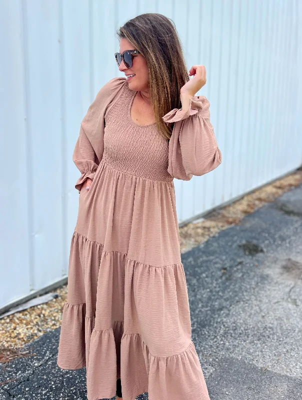 Smocking Woven Bubble Sleeve Maxi Dress - Taupe Cozy Maxi Dress with Slit