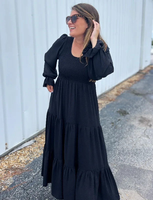Smocking Woven Bubble Sleeve Maxi Dress - Black Stylish Button-Up Maxi Dress
