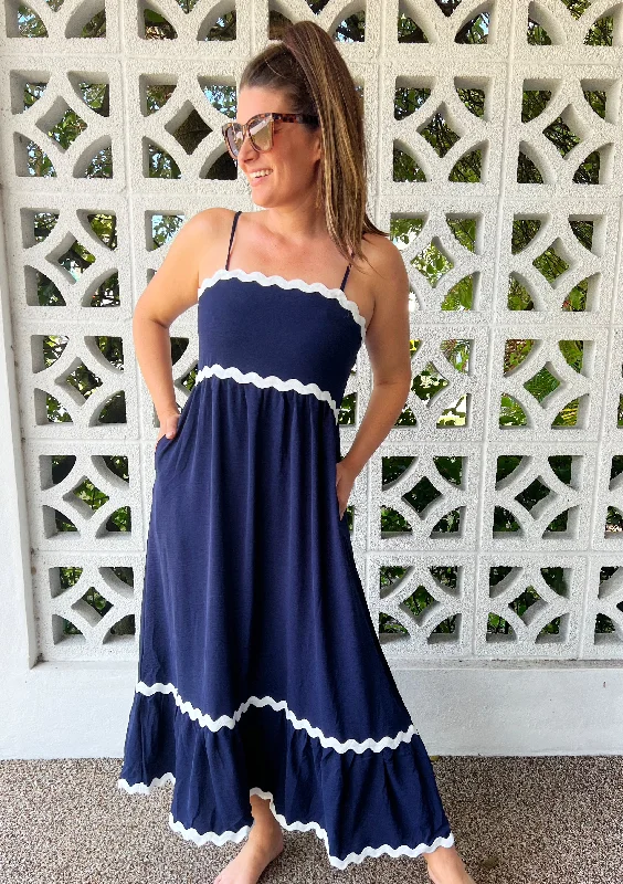 Ric Rac Square Neck Fit & Flare Maxi Dress - Navy Comfortable Ruffle Hem Maxi Dress