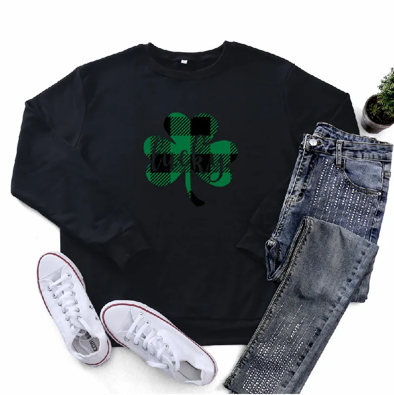 St.Patrick'S Day Fashion Women'S Long Sleeve Check Four Leaf Printed Round Neck Sweatshirt Hoodie with V-Neck Classic Versatile St.Patrick'S Day Fashion Women'S Long Sleeve Check Four Leaf Printed Round Neck Sweatshirt Hoodie with V-Neck Classic Versatile