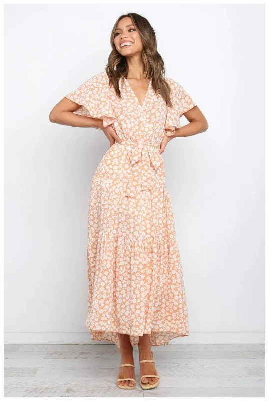 Floral  Maxi Dress - Marigold Fashionable Asymmetrical Maxi Dress