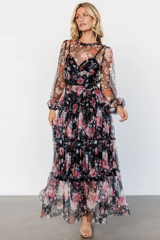 Stephanie Tiered Maxi Dress | Black Floral Cozy Open-Back Maxi Dress