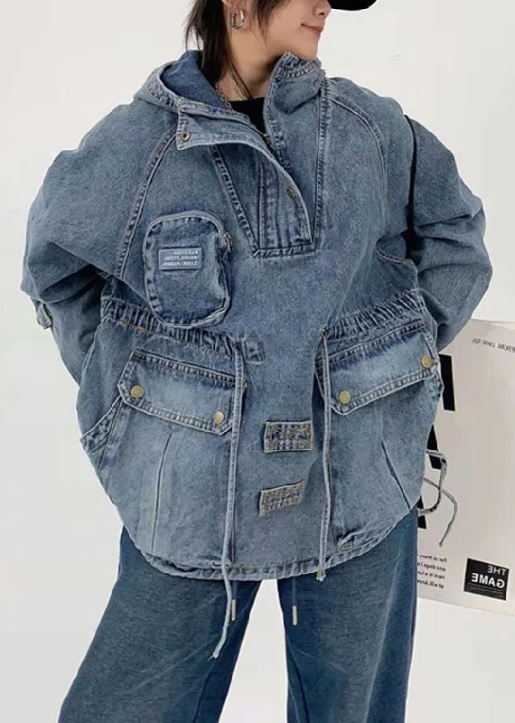 Stylish Blue Hooded Pockets Drawstring Patchwork Denim Top Fall Hoodie with Front Slit Layering Stylish Stylish Blue Hooded Pockets Drawstring Patchwork Denim Top Fall Hoodie with Front Slit Layering Stylish