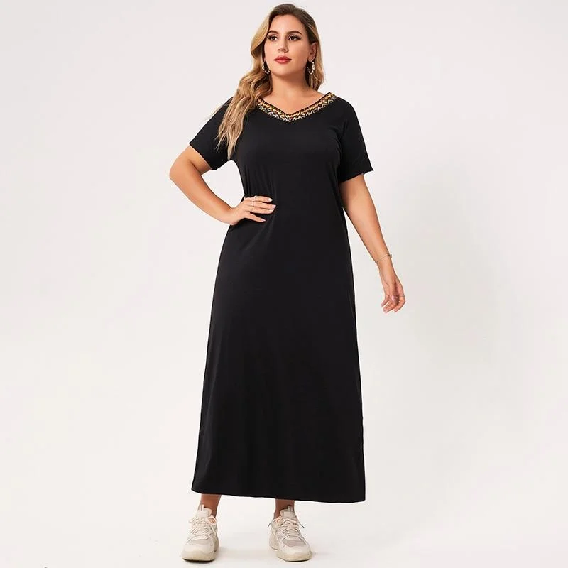 FashionSierra - Summer Long Dress Plus Size Women Black Solid Color Webbing V-neck Short-sleeved Loose Casual Party Large Maxi Dresses Classic Black Maxi Dress