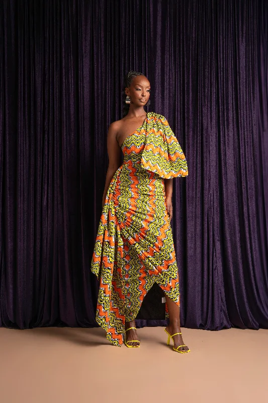 TANI African Print One Sleeve Drape Maxi Dress Trendy Maxi Dress with Belt