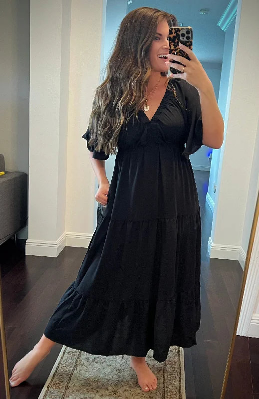 The Brunch Dress - Tiered Babydoll Maxi Dress - Black Stylish One-Shoulder Maxi Dress The Brunch Dress - Tiered Babydoll Maxi Dress - Black Stylish One-Shoulder Maxi Dress