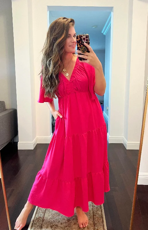 The Brunch Dress - Tiered Babydoll Maxi Dress - Hot Pink (Ships in 1-2 Weeks) Stylish V-Neck Maxi Dress The Brunch Dress - Tiered Babydoll Maxi Dress - Hot Pink (Ships in 1-2 Weeks) Stylish V-Neck Maxi Dress
