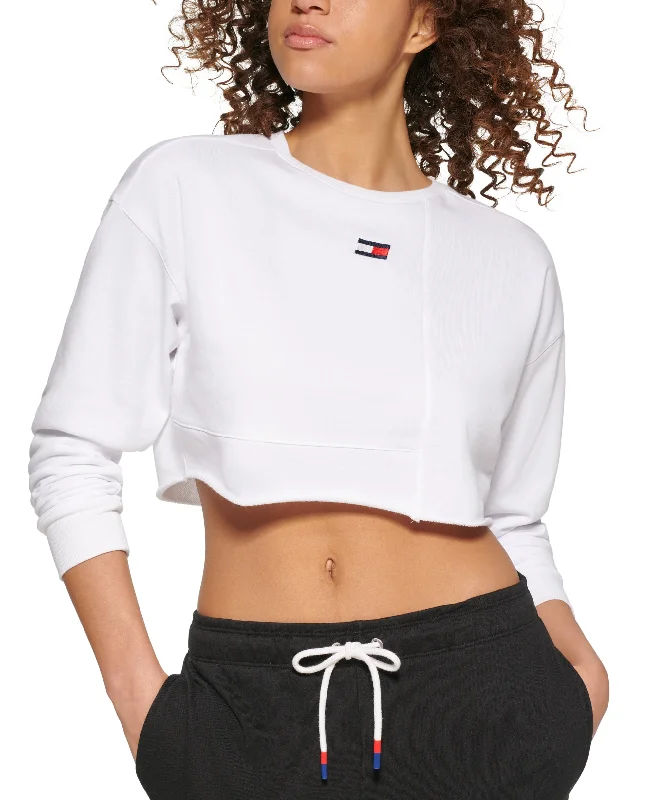 Tommy Hilfiger Sport Womens Cropped Sweatshirt Hoodie with Hem Contrast Bold Stylish Tommy Hilfiger Sport Womens Cropped Sweatshirt Hoodie with Hem Contrast Bold Stylish