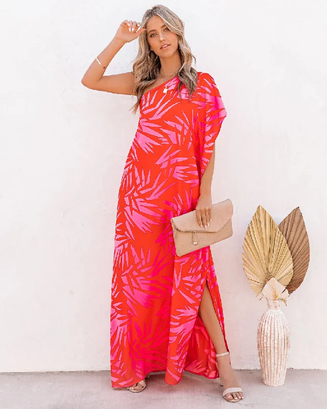 Tropical Bliss One Shoulder Statement Maxi Dress Trendy Short Sleeve Maxi Dress