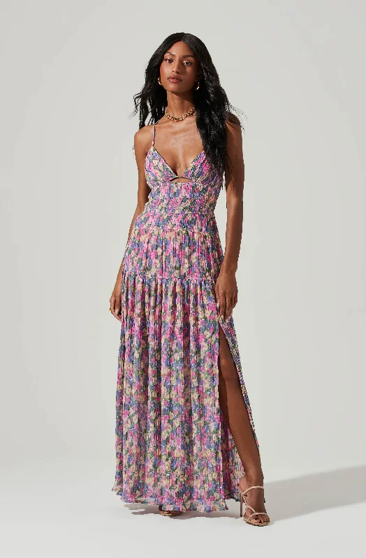 Tropics Plunge Neck Pleated Open Back Maxi Dress Elegant Sleeveless Maxi Dress