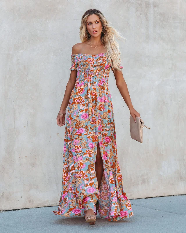 Vesna Floral Smocked Off The Shoulder Maxi Dress Comfortable Bohemian Maxi Dress