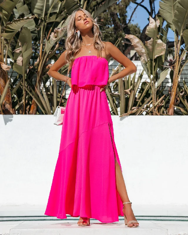 Vivid Strapless Slit Maxi Dress - Hot Pink Comfortable Casual Maxi Dress