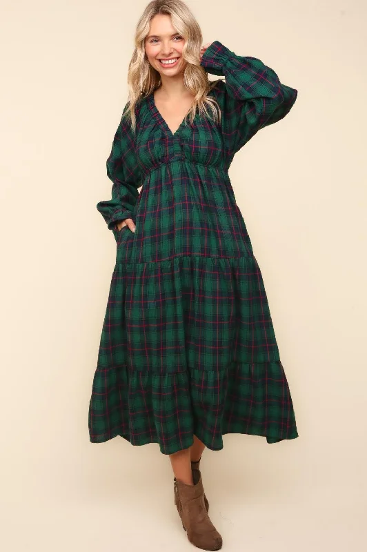 Winter Plaid Long Sleeve Maxi Dress - Hunter Green Fashionable Sleeveless Maxi Dress