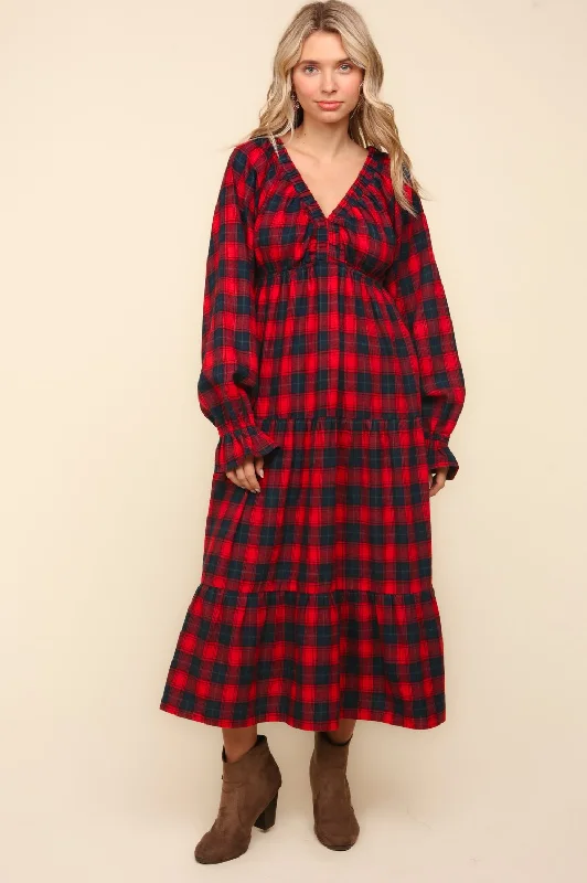 Winter Plaid Long Sleeve Maxi Dress - Red Comfortable Long-Sleeve Maxi Dress