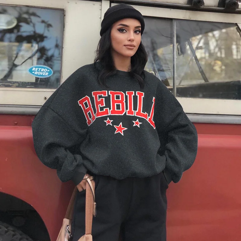Winter Women Casual Letter Star Printing Round Neck Loose Long Sleeve Sweatshirt Hoodie with Drop Shoulder Relaxed Streetwear Winter Women Casual Letter Star Printing Round Neck Loose Long Sleeve Sweatshirt Hoodie with Drop Shoulder Relaxed Streetwear