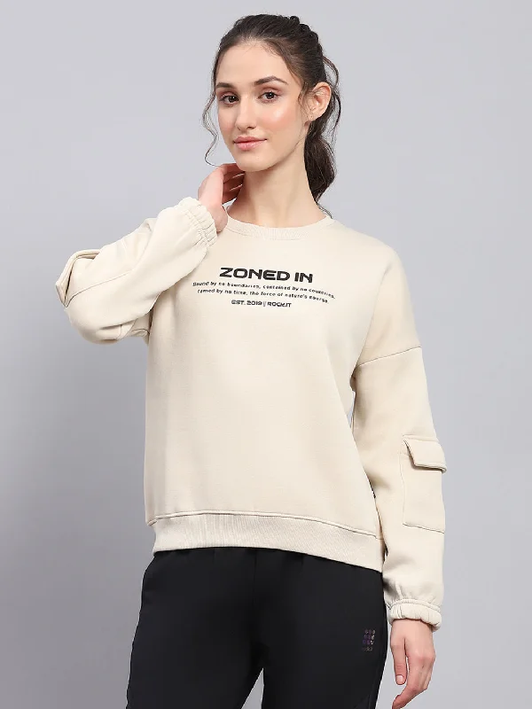 Women Beige Printed Round Neck Full Sleeve Sweatshirt Hoodie with Hem Lace Feminine Delicate Women Beige Printed Round Neck Full Sleeve Sweatshirt Hoodie with Hem Lace Feminine Delicate