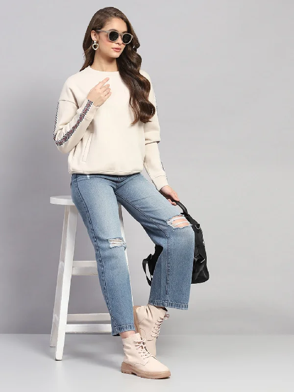 Women Beige Printed Round Neck Full Sleeve Sweatshirt Hoodie with Lace Feminine Delicate Women Beige Printed Round Neck Full Sleeve Sweatshirt Hoodie with Lace Feminine Delicate