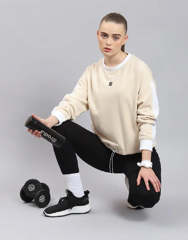 Women Beige Solid Round Neck Full Sleeve Sweatshirt Hoodie with Tied Waist Feminine Flattering Women Beige Solid Round Neck Full Sleeve Sweatshirt Hoodie with Tied Waist Feminine Flattering