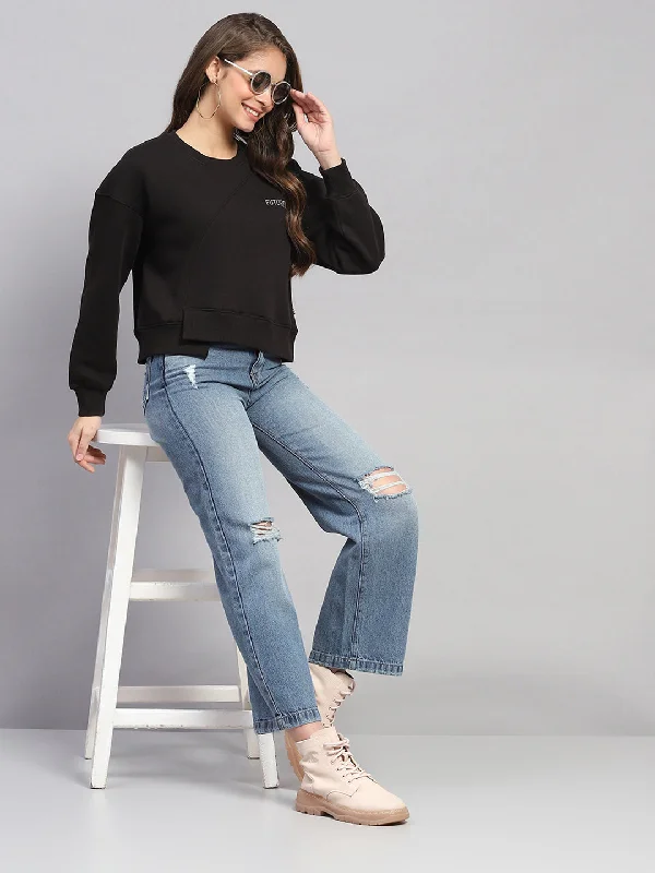 Women Black Printed Round Neck Full Sleeve Sweatshirt Hoodie with Slim Fit Tailored Modern Women Black Printed Round Neck Full Sleeve Sweatshirt Hoodie with Slim Fit Tailored Modern