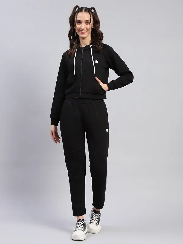 Women Black Solid Hooded Full Sleeve Tracksuit Hoodie with V-Neck Classic Versatile