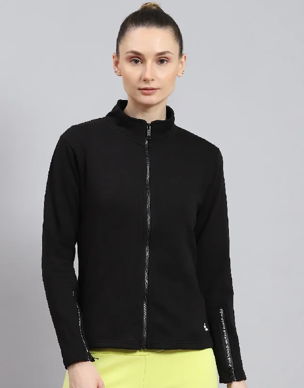 Women Black Solid Stand Collar Full Sleeve Sweatshirt Hoodie with Elastic Cuffs Stretchable Comfortable Women Black Solid Stand Collar Full Sleeve Sweatshirt Hoodie with Elastic Cuffs Stretchable Comfortable