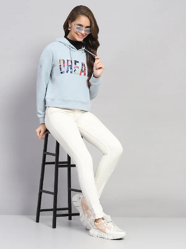 Women Blue Printed Hooded Full Sleeve Sweatshirt Hoodie with Rhinestones Sparkly Elegant Women Blue Printed Hooded Full Sleeve Sweatshirt Hoodie with Rhinestones Sparkly Elegant