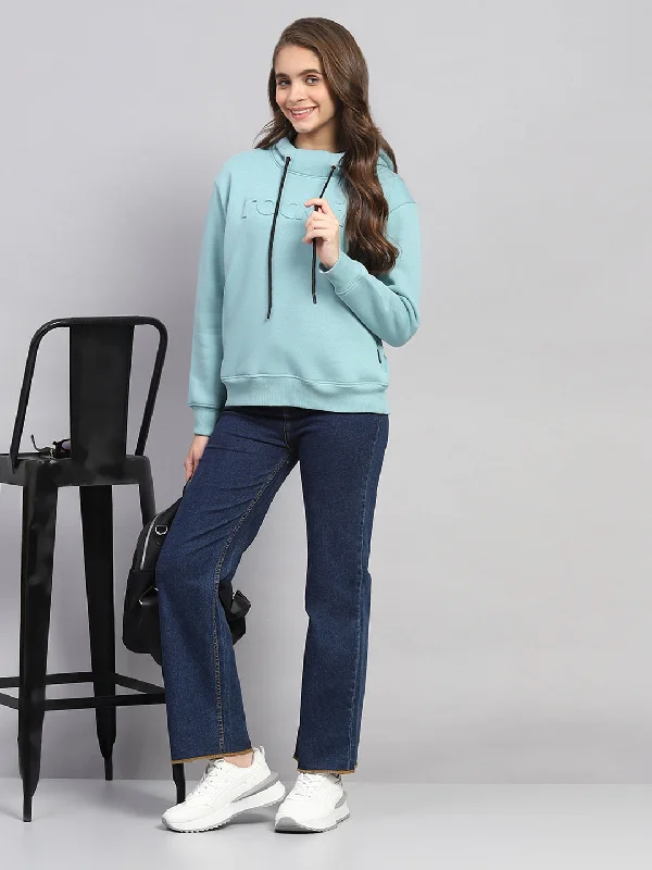 Women Blue Solid Hooded Full Sleeve Sweatshirt Hoodie with Half-Zip Sporty Casual