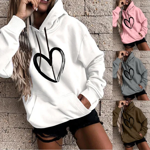 Women Casual Basic Hoodie Fashion Heart Print Long Sleeve Sweatshirt Hoodie with Ribbed Neckline Snug Warm Women Casual Basic Hoodie Fashion Heart Print Long Sleeve Sweatshirt Hoodie with Ribbed Neckline Snug Warm