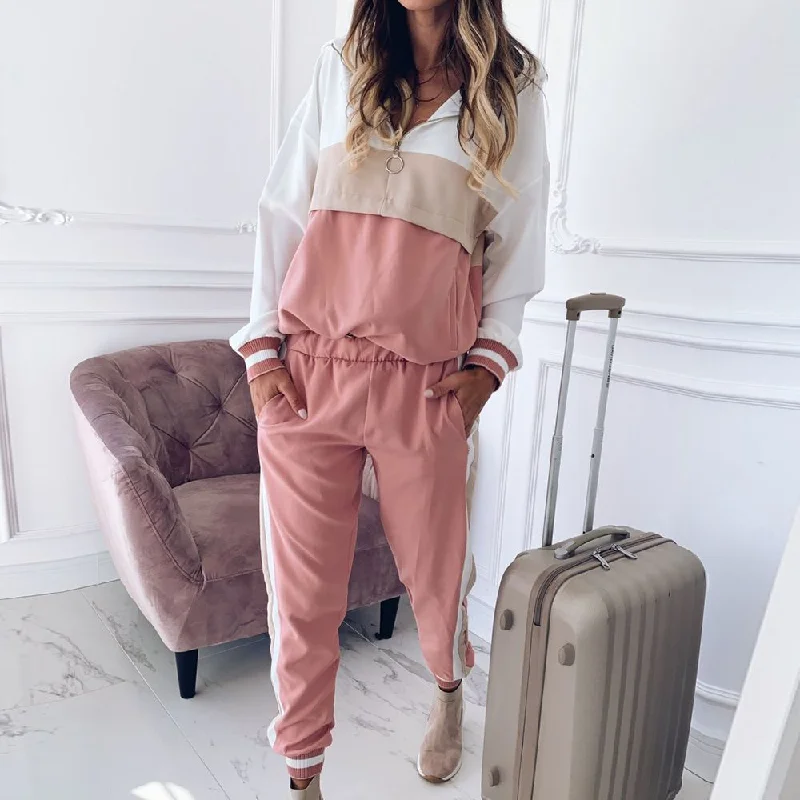 Women Casual Patchwork Design Zipper Hoodies Jogger Pants Sports Set Hoodie with Rolled Sleeves Casual Relaxed Women Casual Patchwork Design Zipper Hoodies Jogger Pants Sports Set Hoodie with Rolled Sleeves Casual Relaxed