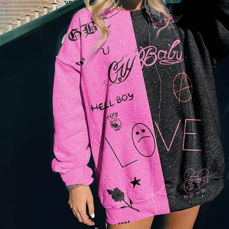 Women Color Blocking Sun Moon Print Pullover Loose Sweatshirt Hoodie with Exposed Zipper Edgy Industrial Women Color Blocking Sun Moon Print Pullover Loose Sweatshirt Hoodie with Exposed Zipper Edgy Industrial