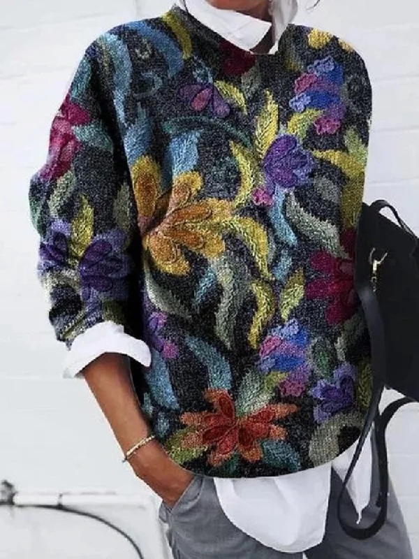 Women Fashion Painting Floral Print Loose Long Sleeve Sweatshirt Hoodie with Hem Patch Decorative Personalized Women Fashion Painting Floral Print Loose Long Sleeve Sweatshirt Hoodie with Hem Patch Decorative Personalized