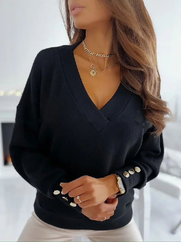Women Fashion Simple Solid Color Long-Sleeved V-Neck Button Sweatshirt Hoodie with Reflective Safety Nightwear Women Fashion Simple Solid Color Long-Sleeved V-Neck Button Sweatshirt Hoodie with Reflective Safety Nightwear