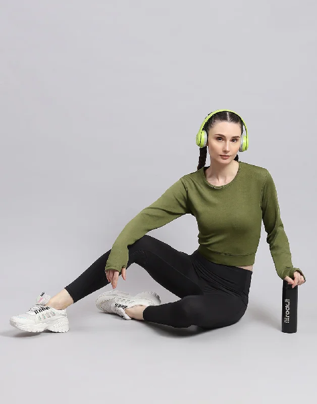 Women Green Solid Round Neck Full Sleeve Sweatshirt Hoodie with Mesh Breathable Sporty