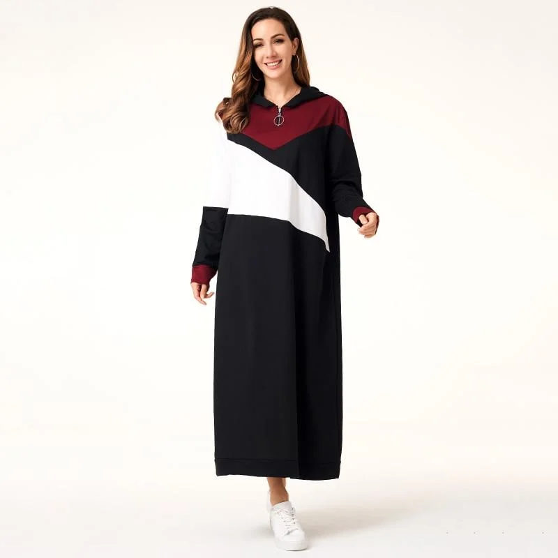 FashionSierra - Women Hoodie Dresses Patchwork Zipper Long Sleeve Hooded Maxi Dresses Casual Dress Women Autumn Cozy Open-Back Maxi Dress