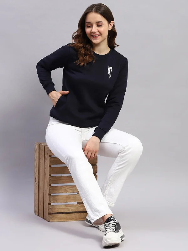Women Navy Blue Printed Round Neck Full Sleeve Sweatshirt Hoodie with Cuffed Sleeves Snug Secure Women Navy Blue Printed Round Neck Full Sleeve Sweatshirt Hoodie with Cuffed Sleeves Snug Secure
