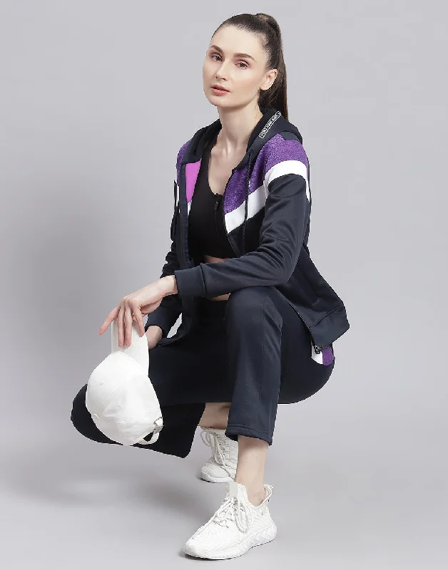 Women Navy Blue Solid Hooded Full Sleeve Tracksuit Hoodie with Toggle Buttons Decorative Unique Women Navy Blue Solid Hooded Full Sleeve Tracksuit Hoodie with Toggle Buttons Decorative Unique