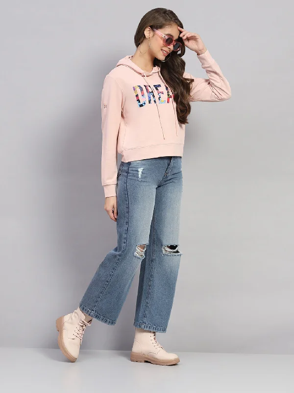 Women Peach Printed Hooded Full Sleeve Sweatshirt Hoodie with Color Block Contrast Stylish Women Peach Printed Hooded Full Sleeve Sweatshirt Hoodie with Color Block Contrast Stylish